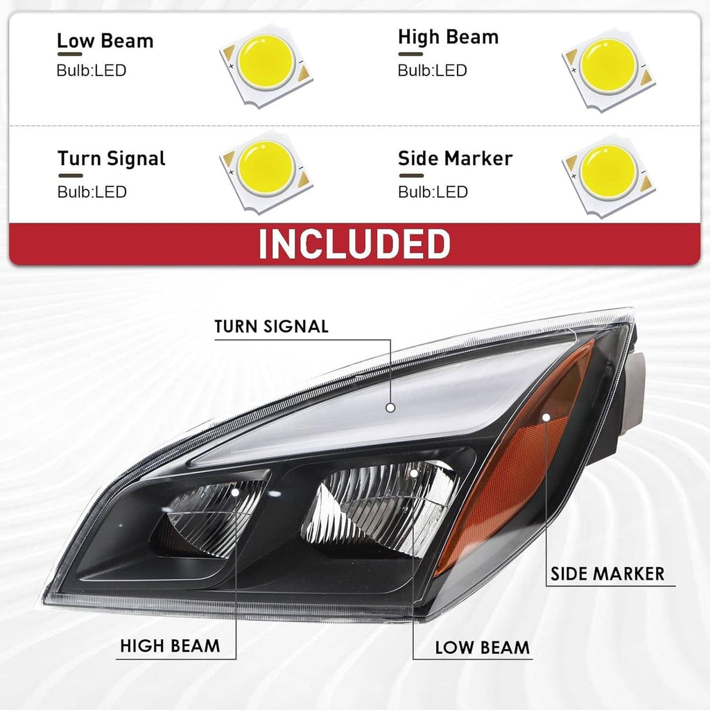 LED headlight lighting diagram showing low beam, high beam, turn signal, and side marker