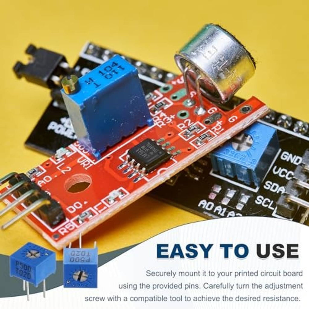 Blue multiturn trimmer potentiometer mounted on a small PCB with pins and adjustment screw