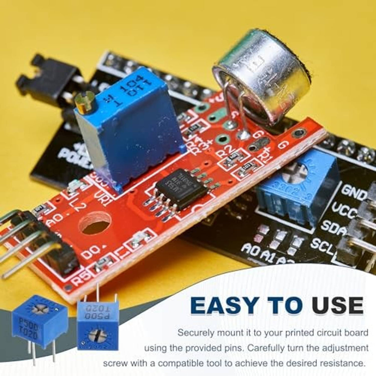 Blue multiturn trimmer potentiometer mounted on a small PCB with pins and adjustment screw