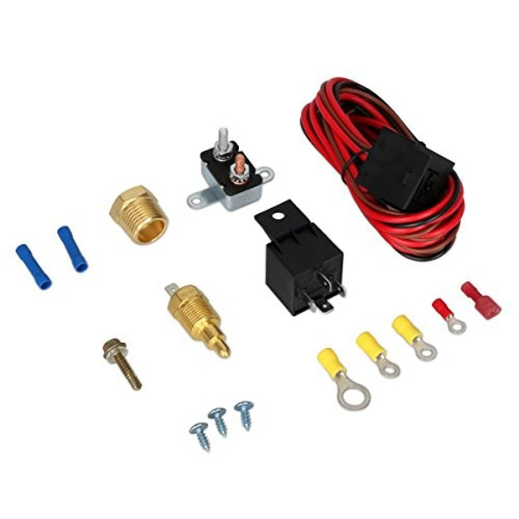 Electric cooling fan thermostat kit with switches, brass temperature probes, and cable leads