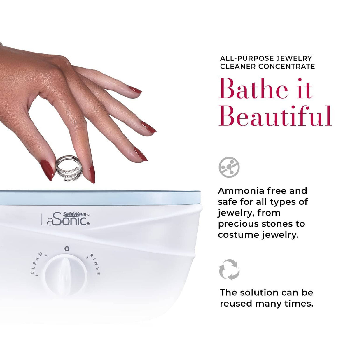 Jewelry cleaner concentrate used with a white cleaning bath container and ring