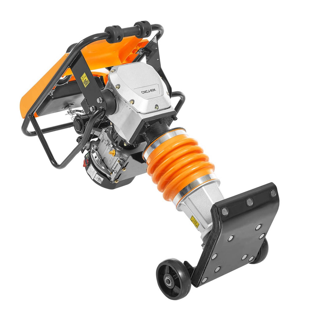 Orange vibratory rammer tamper with metal base plate and orange coil spring
