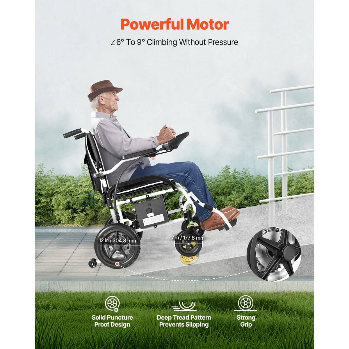 Electric wheelchair with black seat, adjustable joystick armrest, and large puncture-resistant wheels