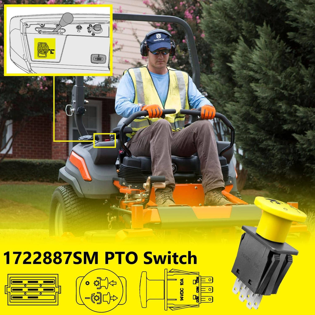 Yellow PTO switch on lawn mower, black housing with multiple metal terminals