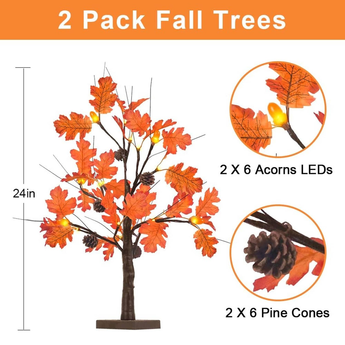Box graphic of two 24in fall tree decorations with acorn and pine cone LEDs