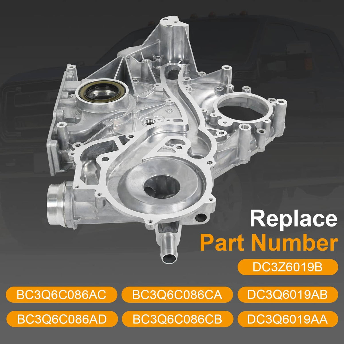 Silver-gray timing cover assembly with mounting bosses and oil seal opening
