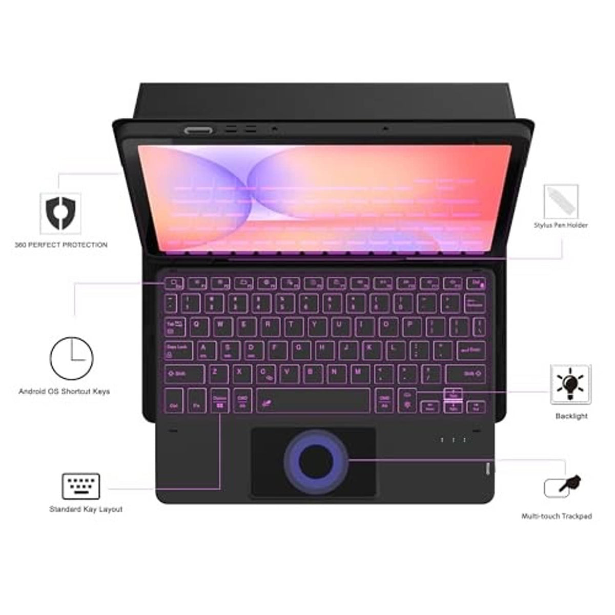 Black keyboard case diagram showing backlit keys, trackpad, and tablet stand for viewing.