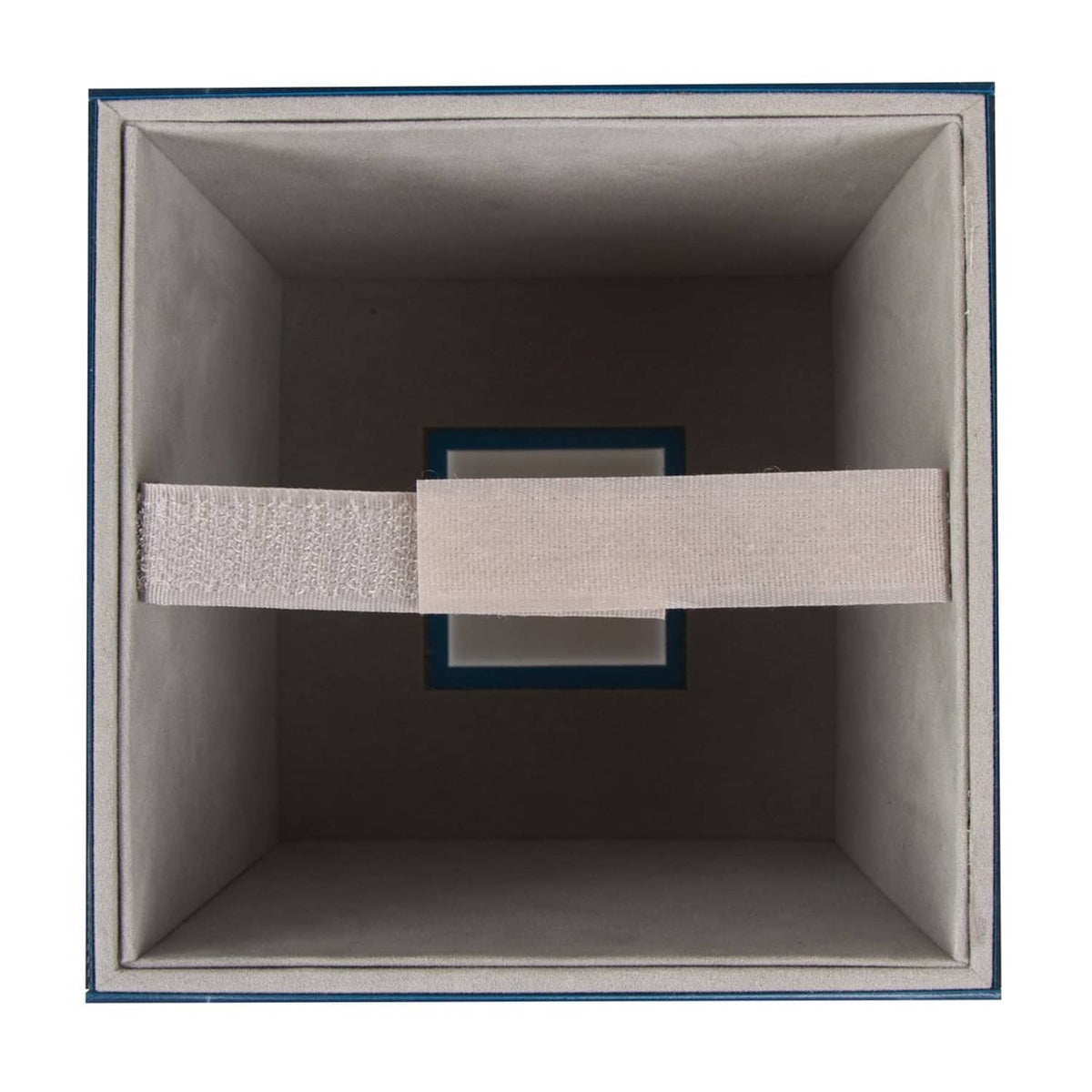 Square acrylic mirror tissue box cover showing the interior tissue opening and lining