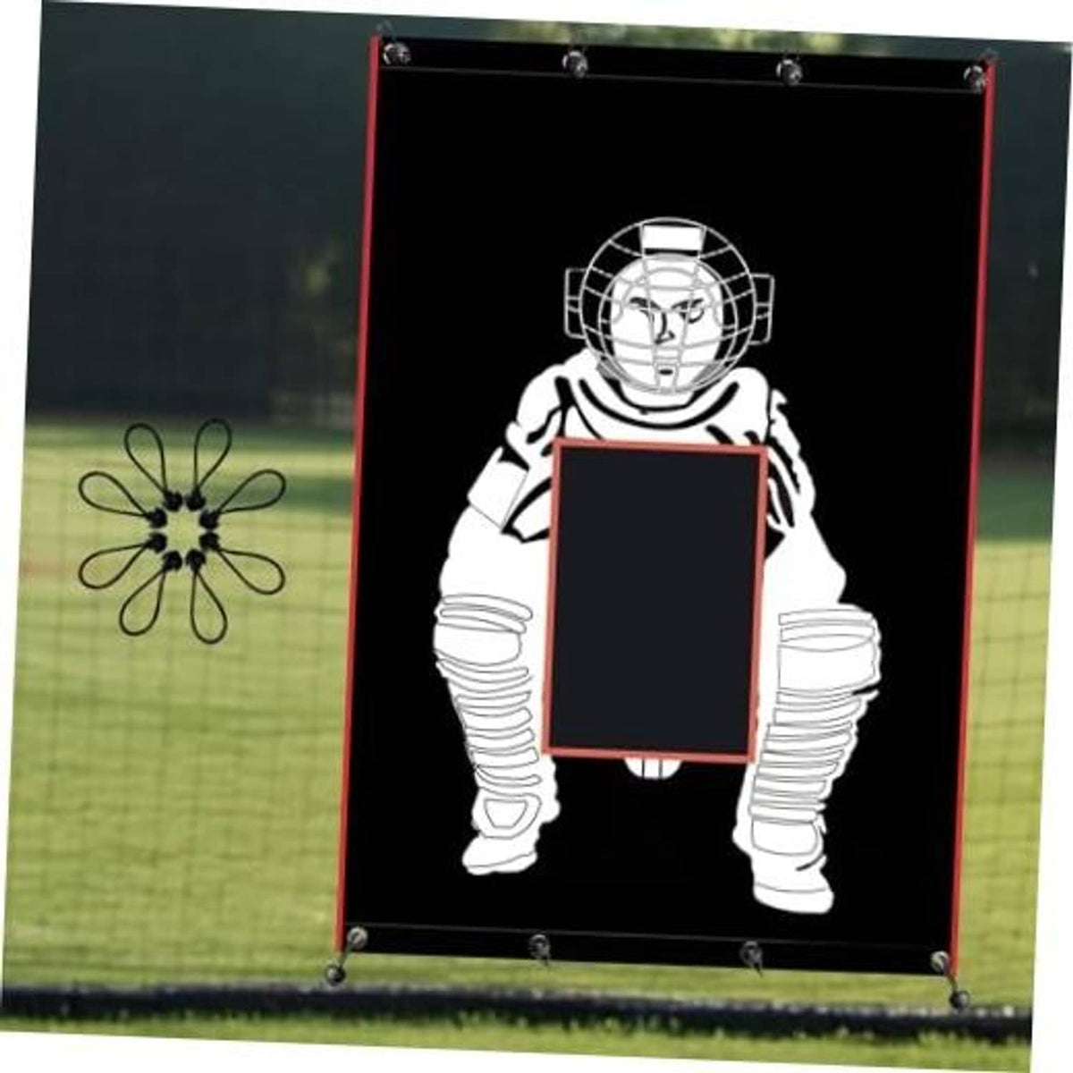Black baseball strike zone backstop panel with red frame and catcher target graphic