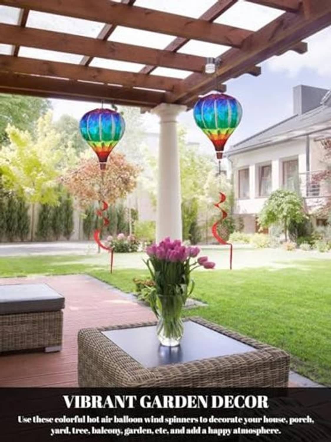 Rainbow hot air balloon wind spinner pair with multicolor canopies and spiral tails
