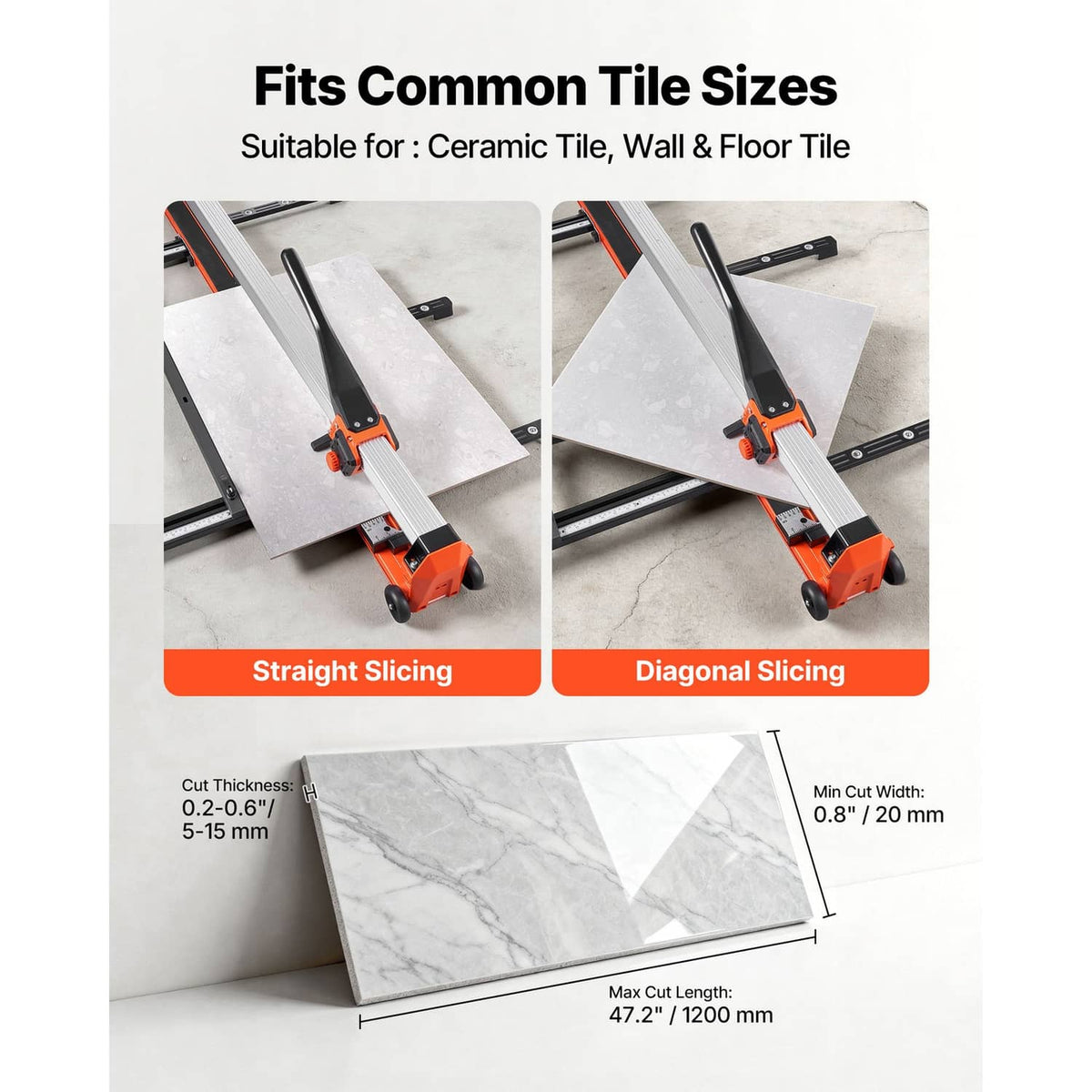 Manual tile cutter with tile guide rails and orange cutting head