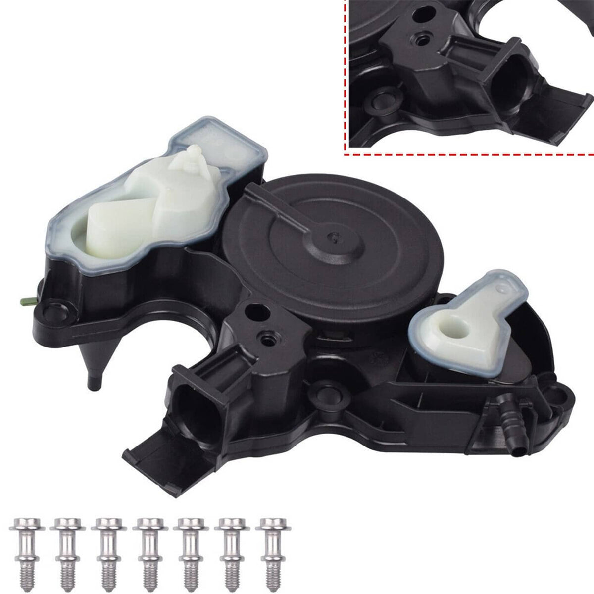 PCV valve oil separator with black housing, light green parts, and mounting screws