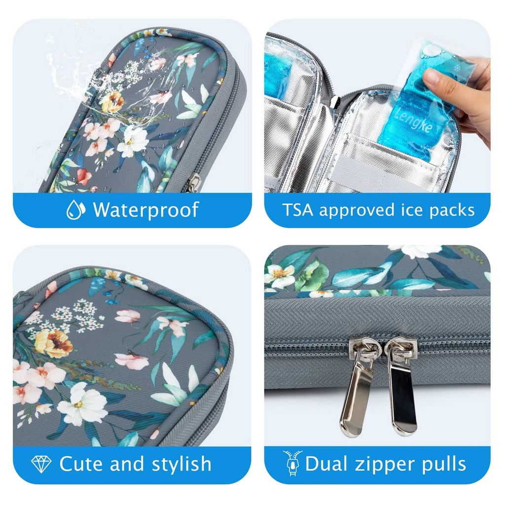 Floral insulated insulin cooler case with visible ice-pack pocket and dual zipper pulls