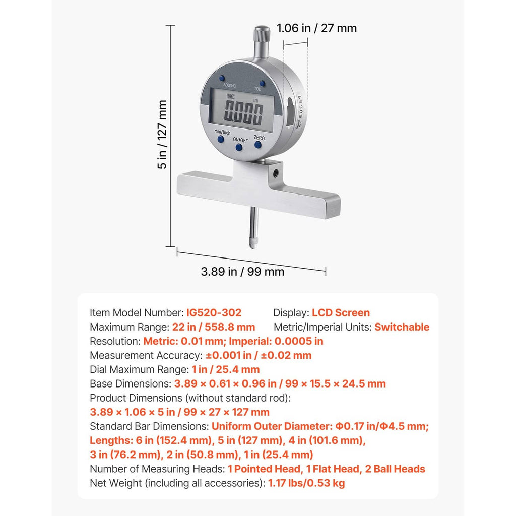 Digital depth gauge with LCD display, base stand, and vertical depth rod