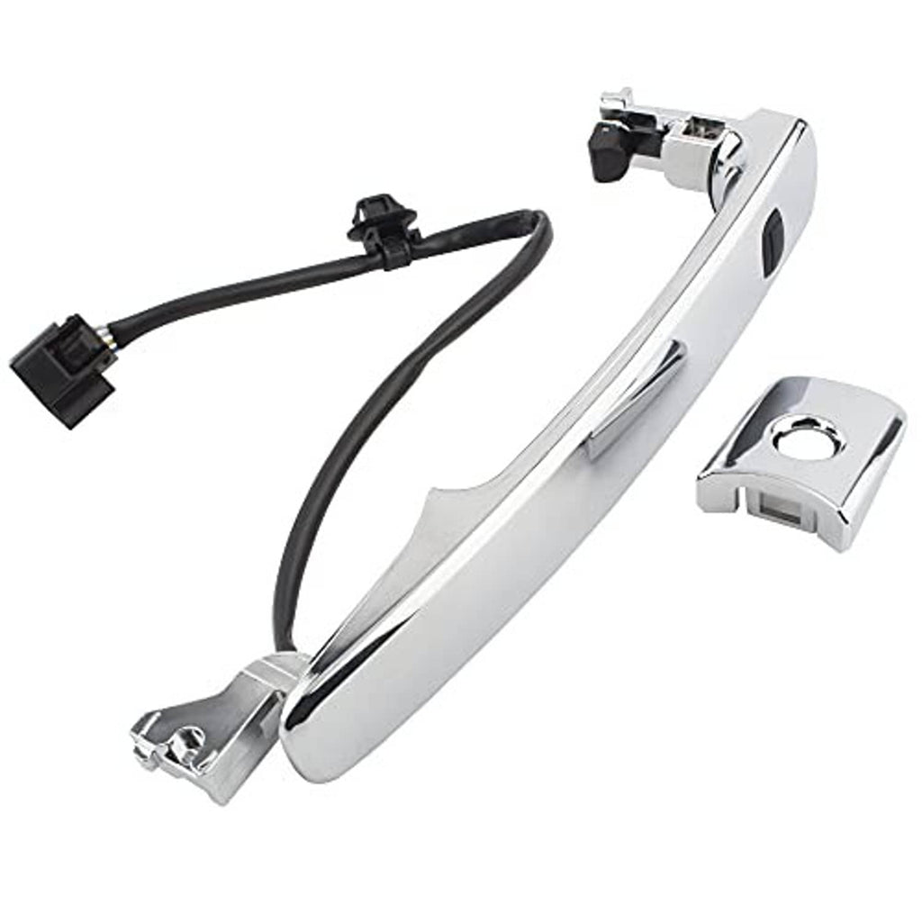 Chrome exterior smart keyless door handle assembly with wiring and latch components