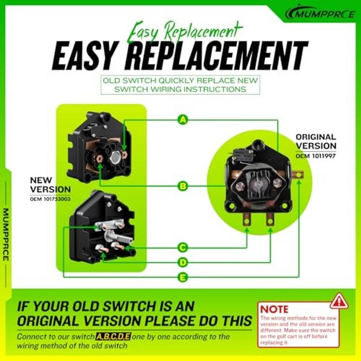 Forward-reverse switch replacement diagram showing old and new switch versions.