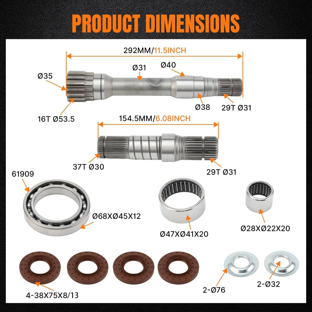 Axle intermediate shaft kit components with dimensions diagram and bearings, boots, rings