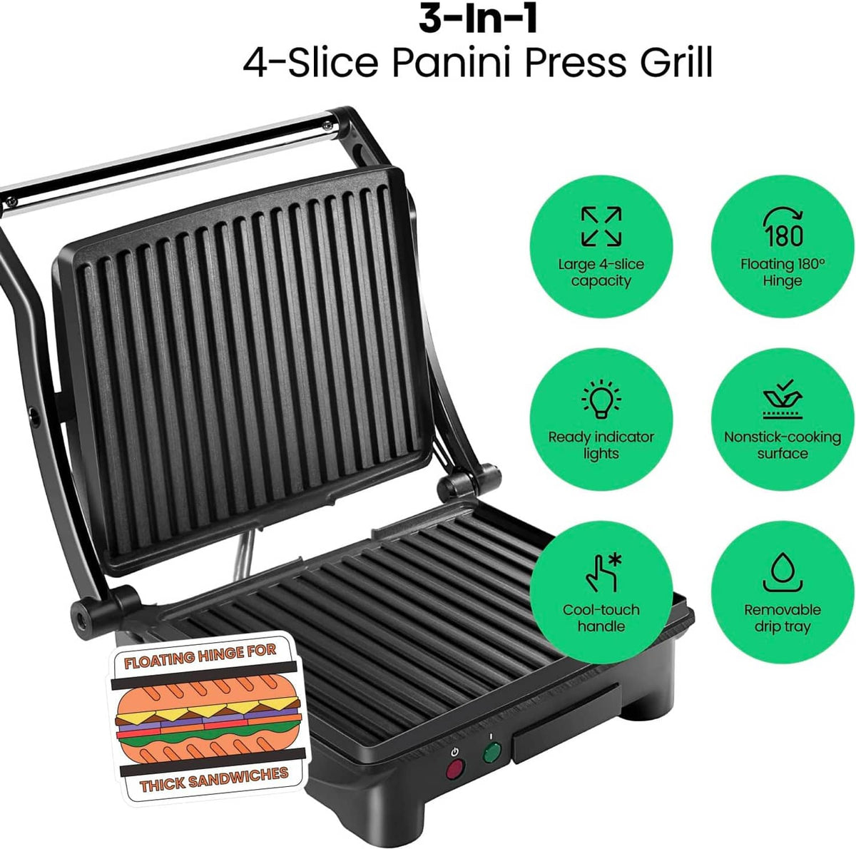 3-in-1 panini press grill with ribbed plates and 180° hinge, nonstick cooking surface