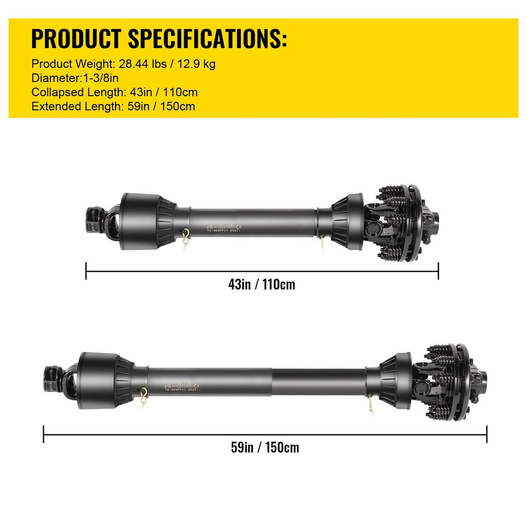 Black PTO drive shaft with length markings for 43 in and 59 in