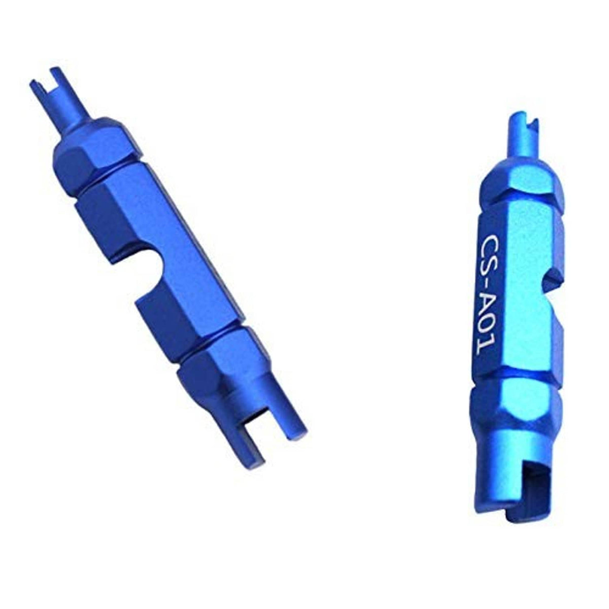 Blue tubeless valve extenders, two pieces with angled tips and notched ends
