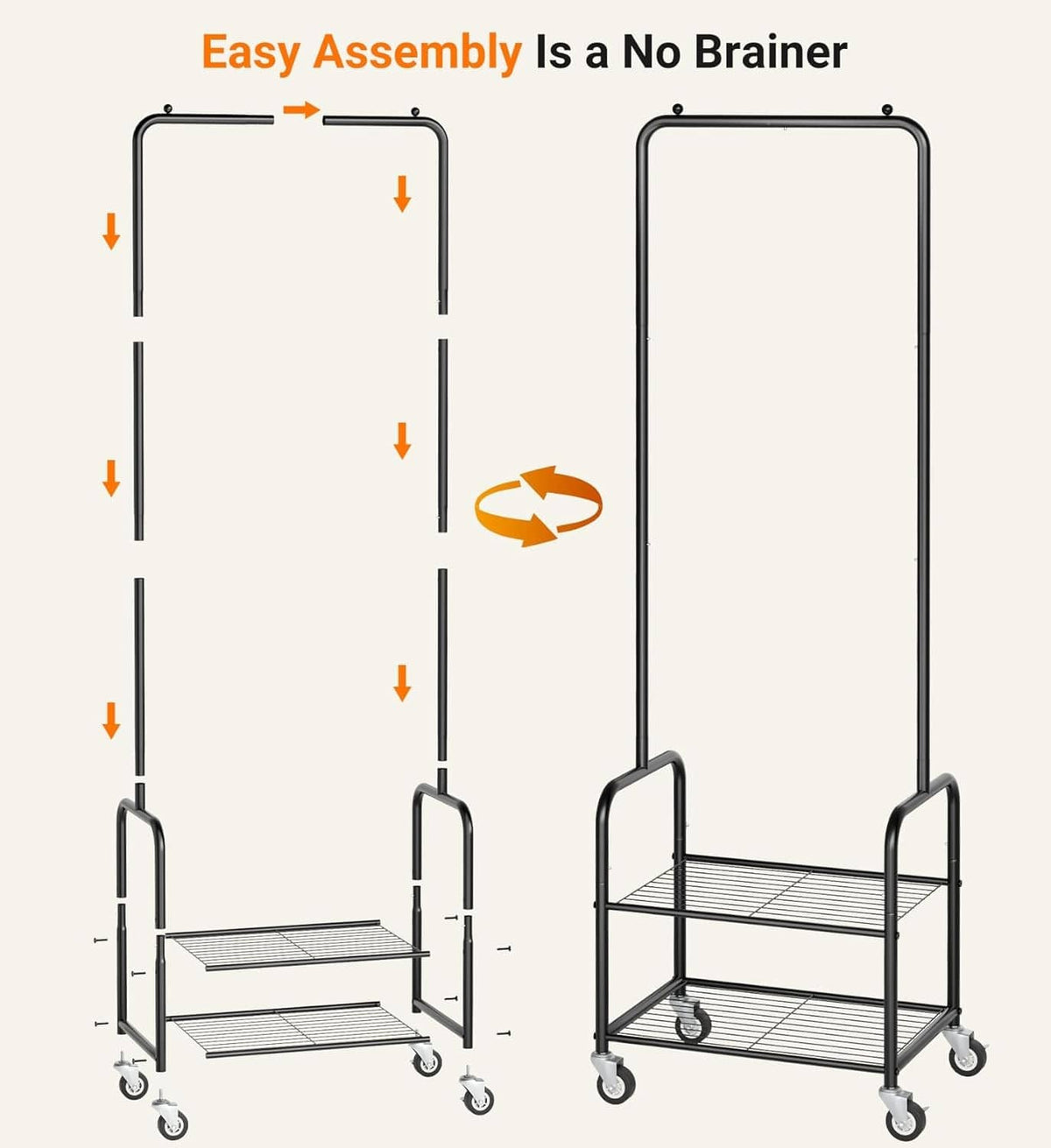 Black rolling clothes rack shown with step-by-step assembly and two-tier wire shelves