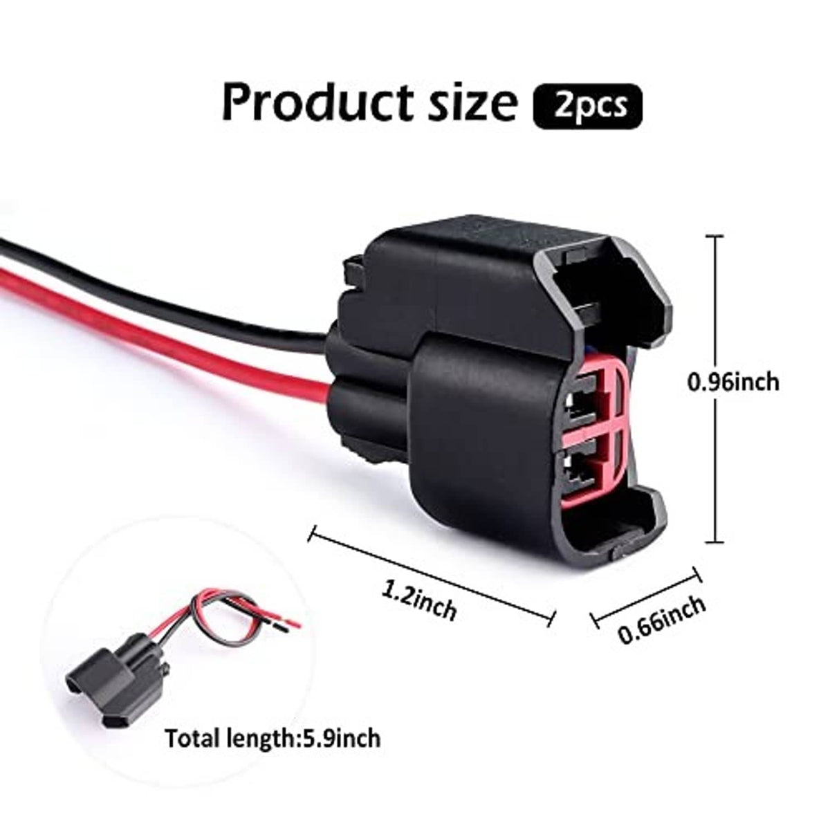Fuel injector connector set with wire harness, gray plug housing and red port, size diagram