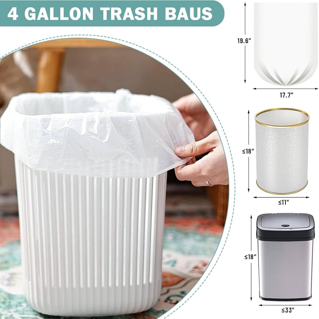 4-gallon trash bag liner held open by hand over bin, white plastic, leak-resistant