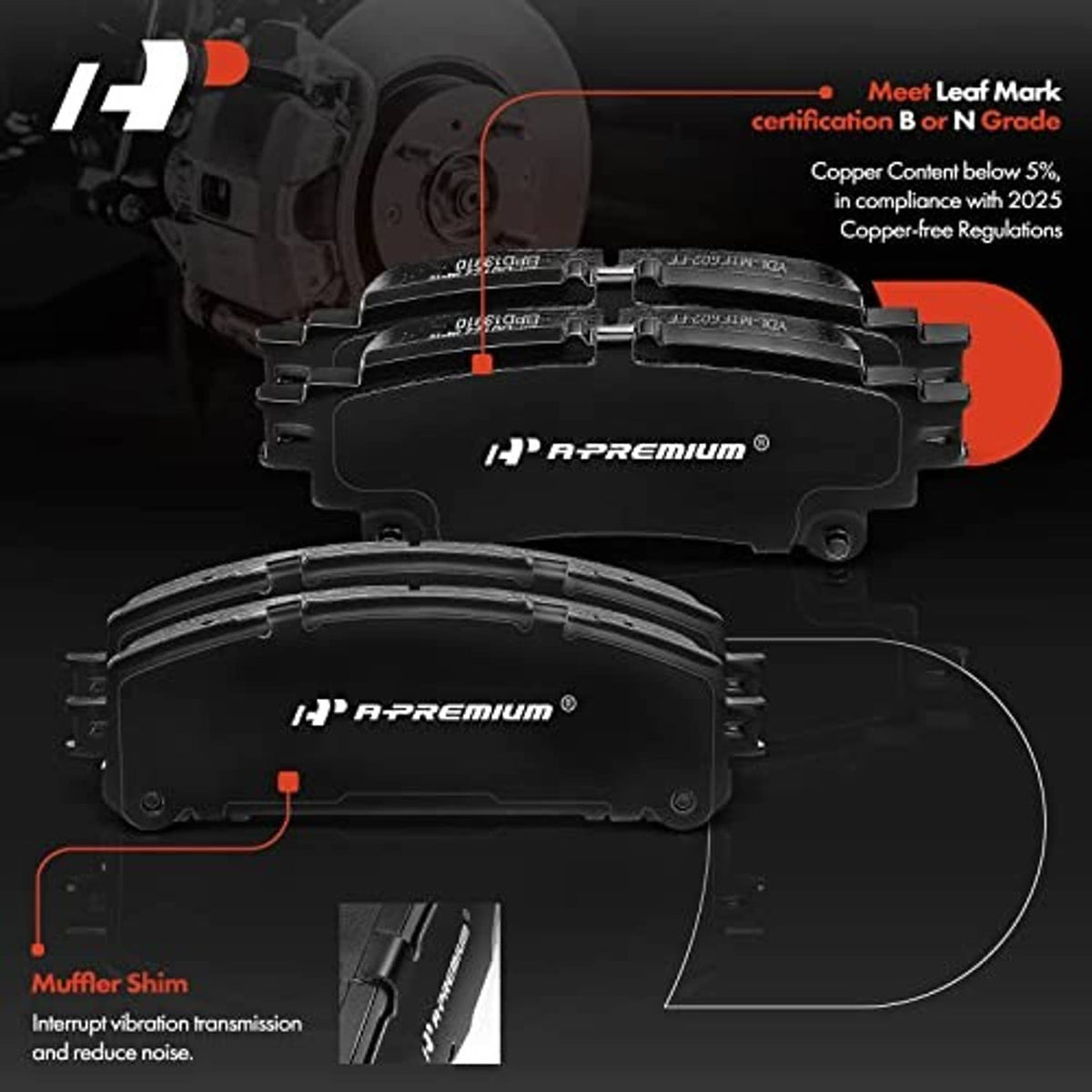 Brake pads set with two gray ceramic friction pads and graphic callouts on backing plates