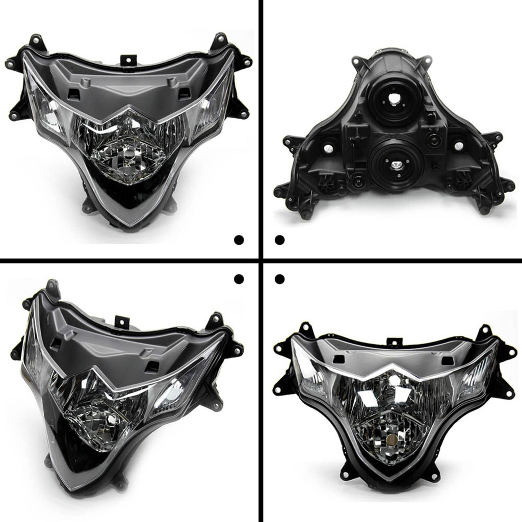 Motorcycle headlight assembly set showing front lens and rear mounting housings