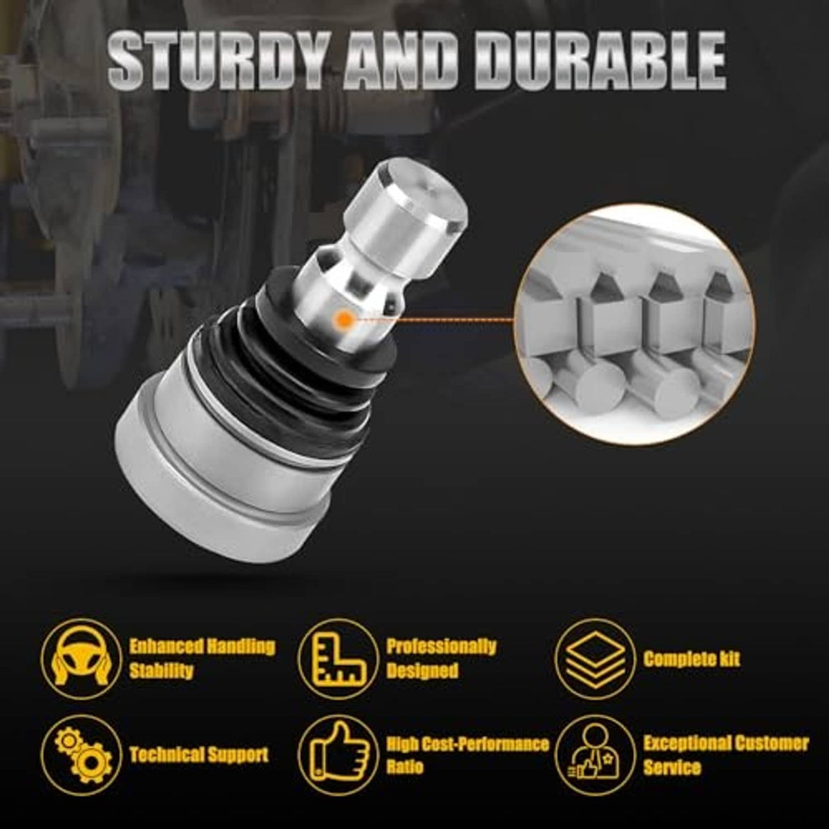 Ball joint with silver housing and ribbed dust seal boot