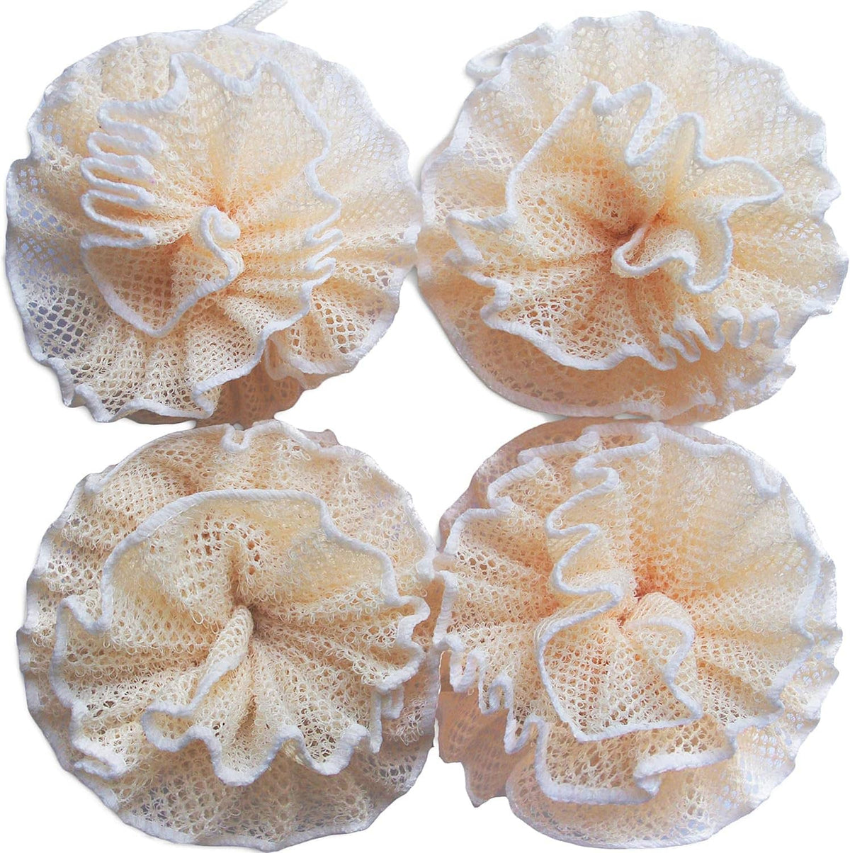 Set of four beige-white mesh loofah shower pouf sponges with fluffy, exfoliating weave