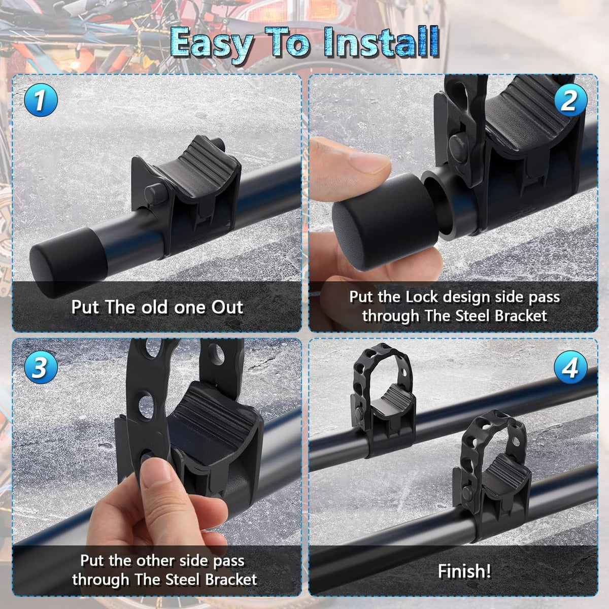Black bike rack strap shown during installation with lock-hole bracket design