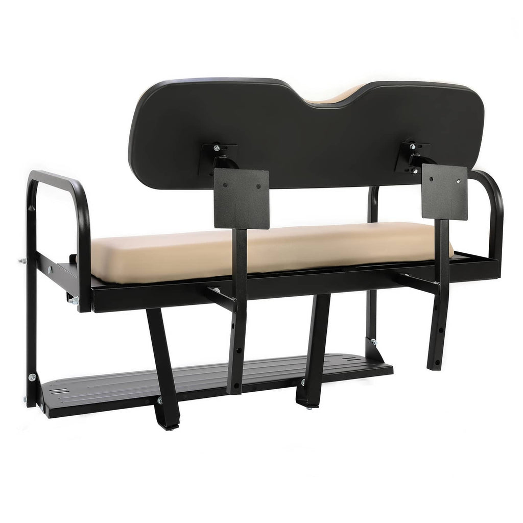 Folding rear back seat with tan seat and back cushions, black frame, and lower footrest
