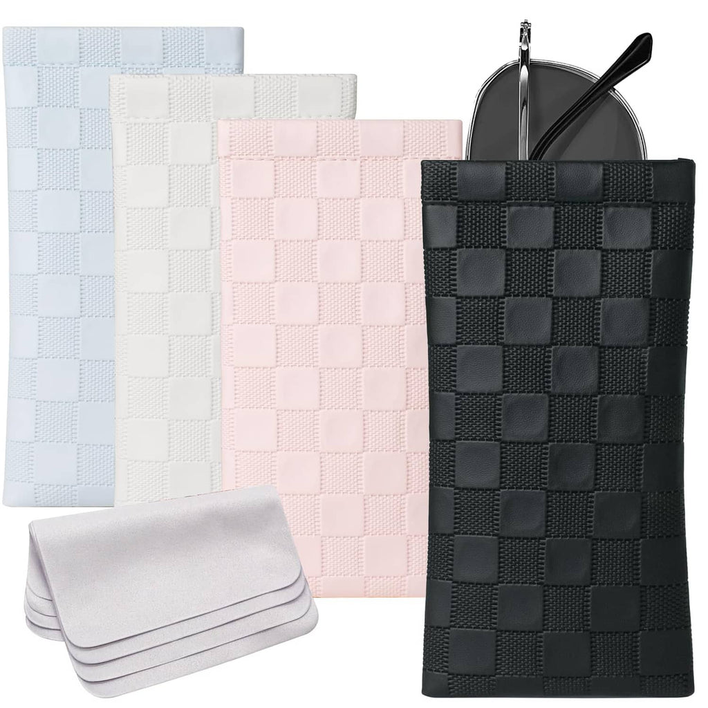 Squeeze-top sunglasses cases, checkered fabric in light blue, white, pink, and black