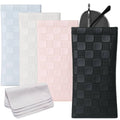 Squeeze-top sunglasses cases, checkered fabric in light blue, white, pink, and black