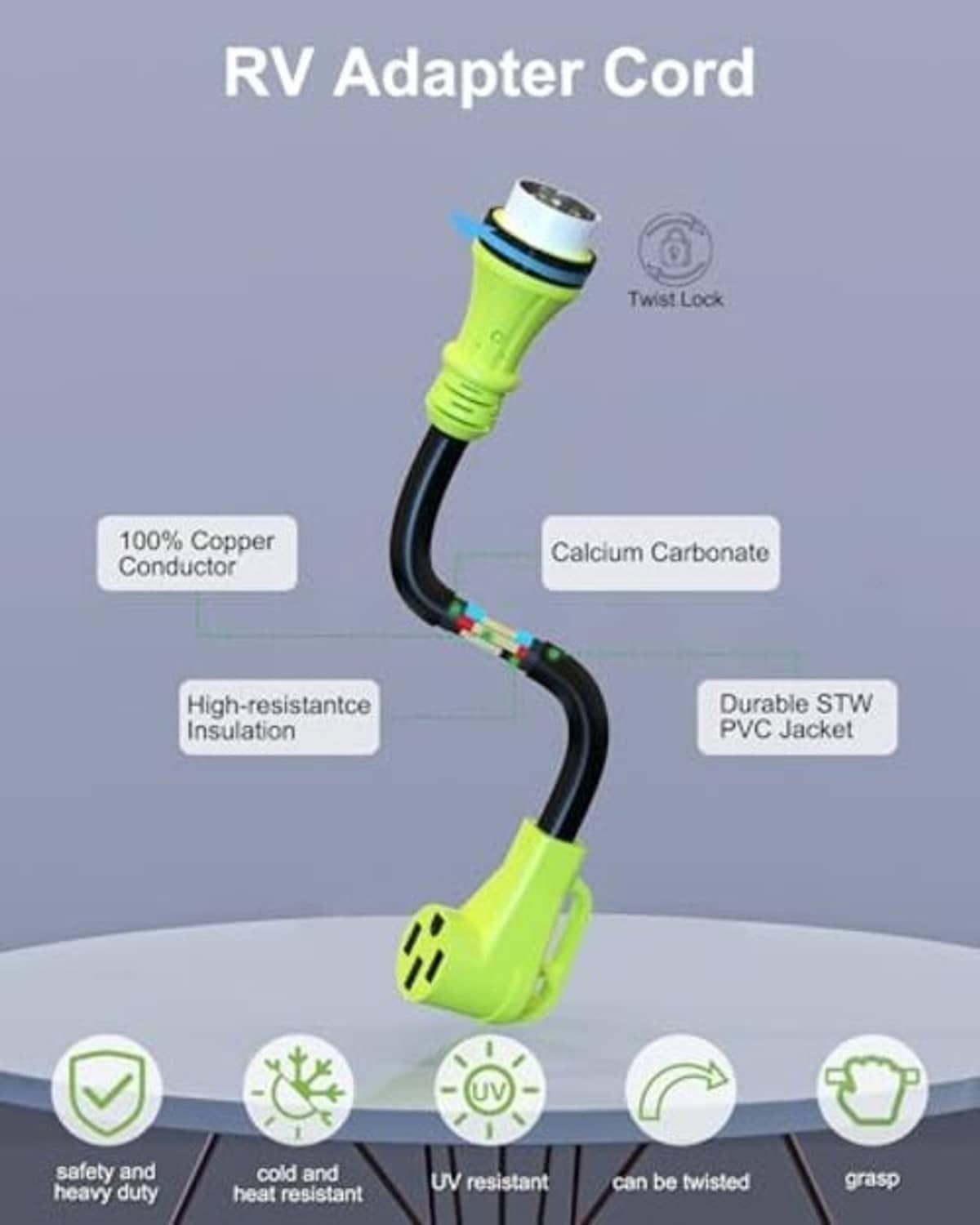 RV adapter cord with twist-lock connectors, green ends and black curved cable