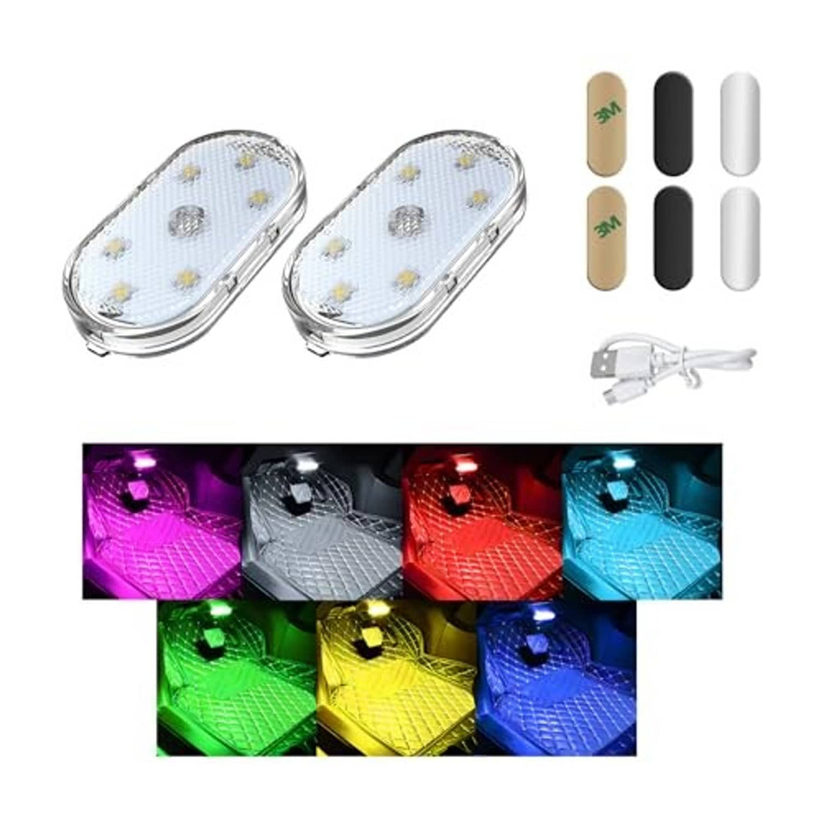 Car magnetic LED touch lights set, two oval modules plus multi-color light samples