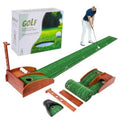 Portable golf putting mat with auto ball return, wooden base and green turf track