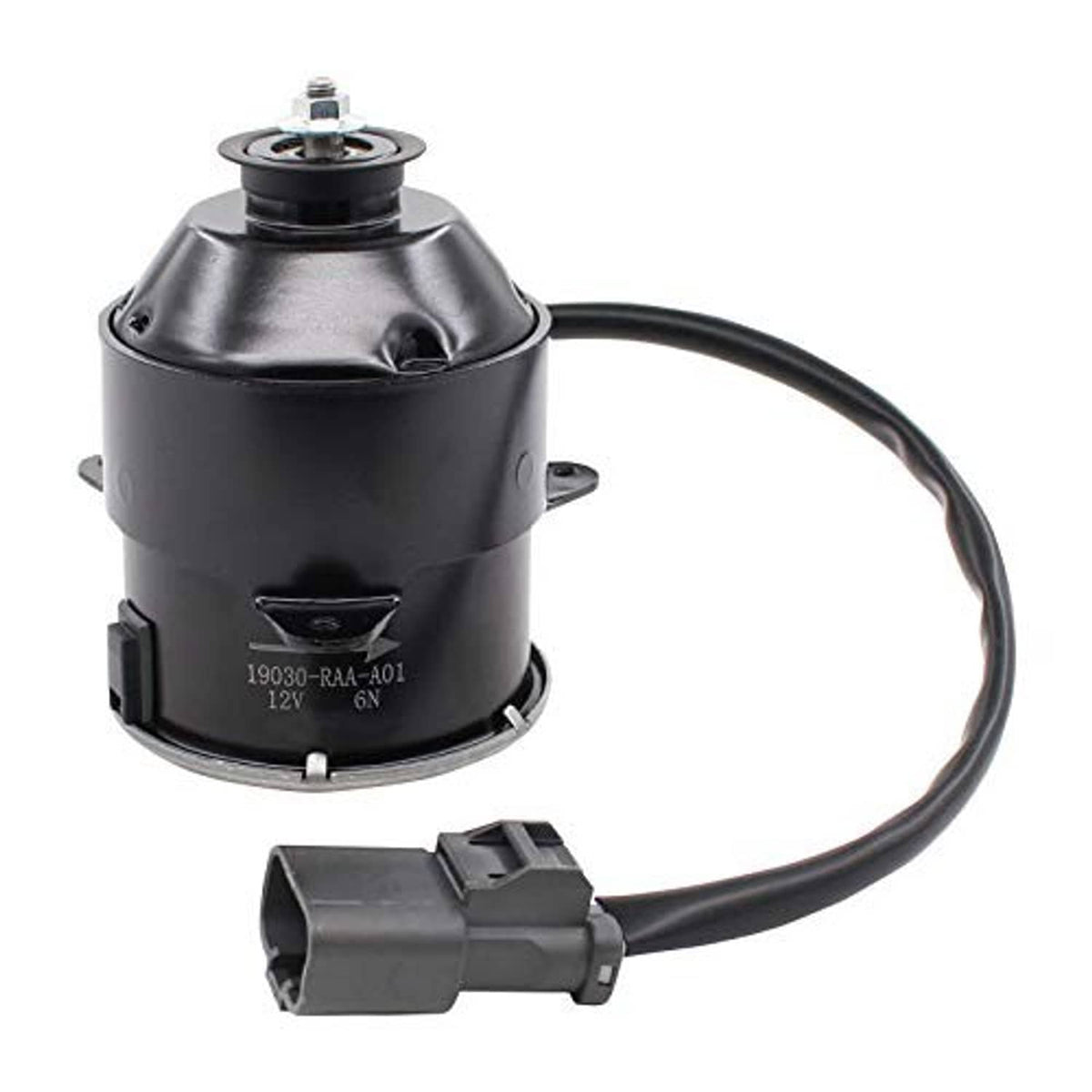 Radiator cooling fan motor with black housing, vented top cap, and wire harness