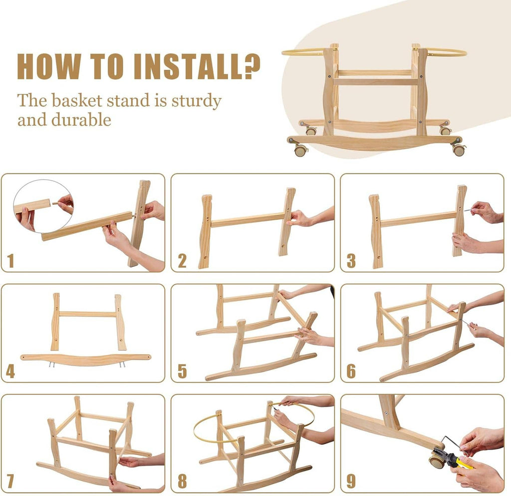 Wooden rocking Moses basket stand with multi-step installation layout