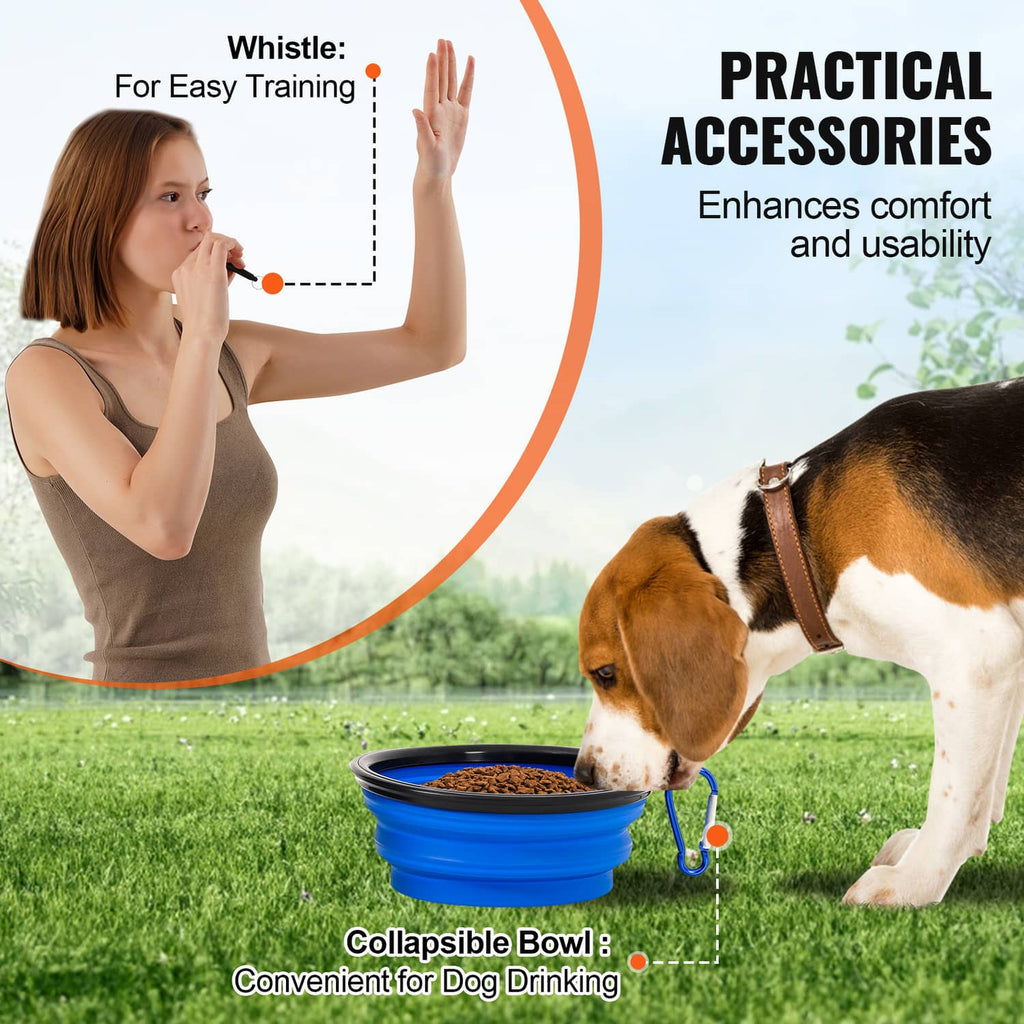 Collapsible blue training bowl and whistle accessory for dog agility practice