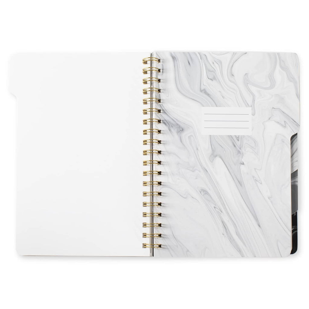 Large tab notebook open, white marble right cover with blank label tab