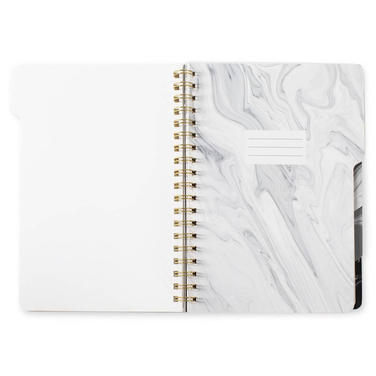 Large tab notebook open, white marble right cover with blank label tab