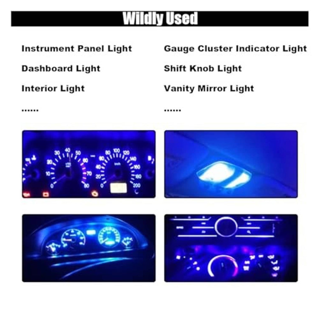 T5 LED bulbs for vehicle interior lighting, shown with blue-lit panels