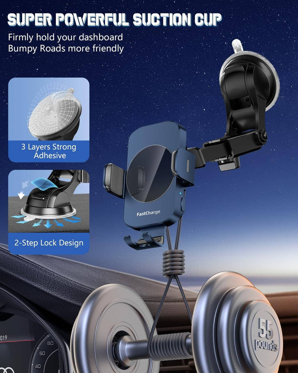 Dashboard suction-cup wireless car charger mount with adjustable phone cradle