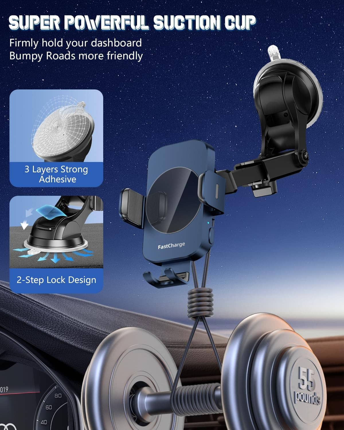 Dashboard suction-cup wireless car charger mount with adjustable phone cradle