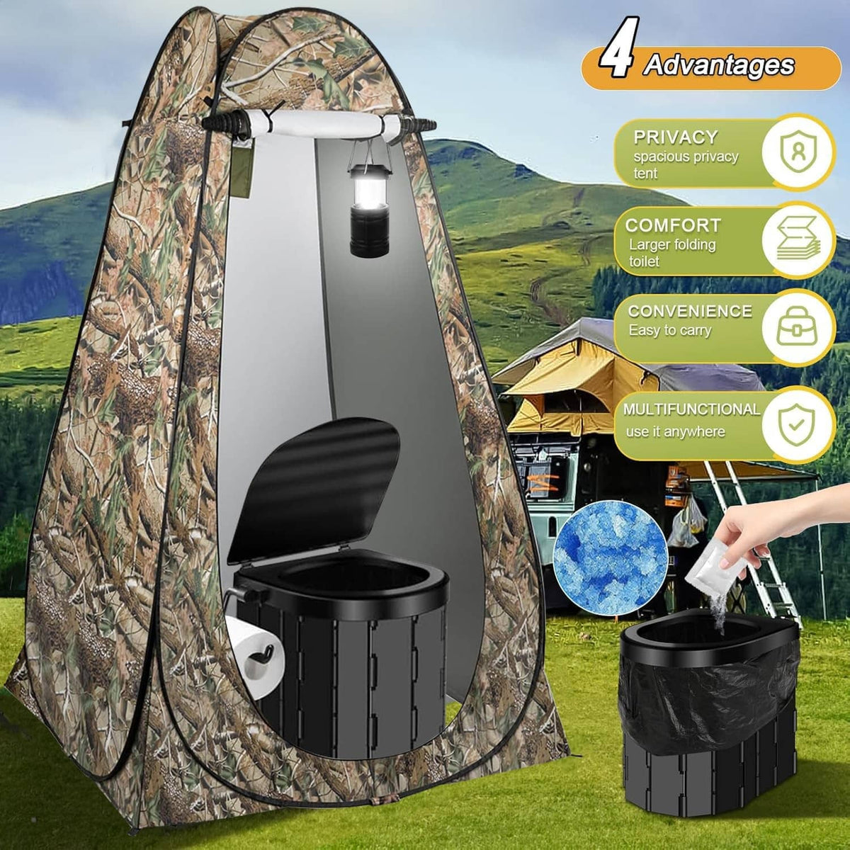 Camouflage pop-up privacy tent with black portable camping toilet set up outdoors