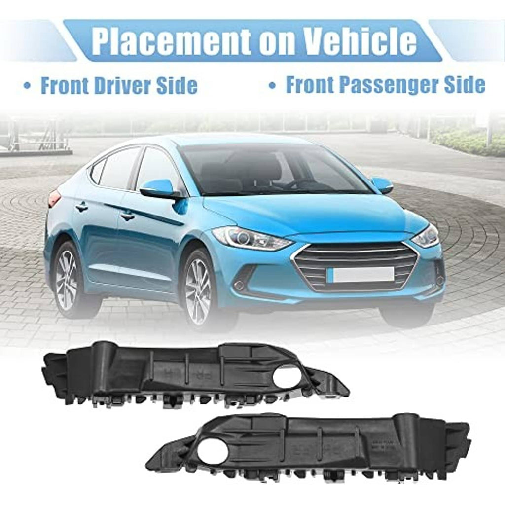 Pair of front bumper mounting brackets positioned on front bumper, black plastic