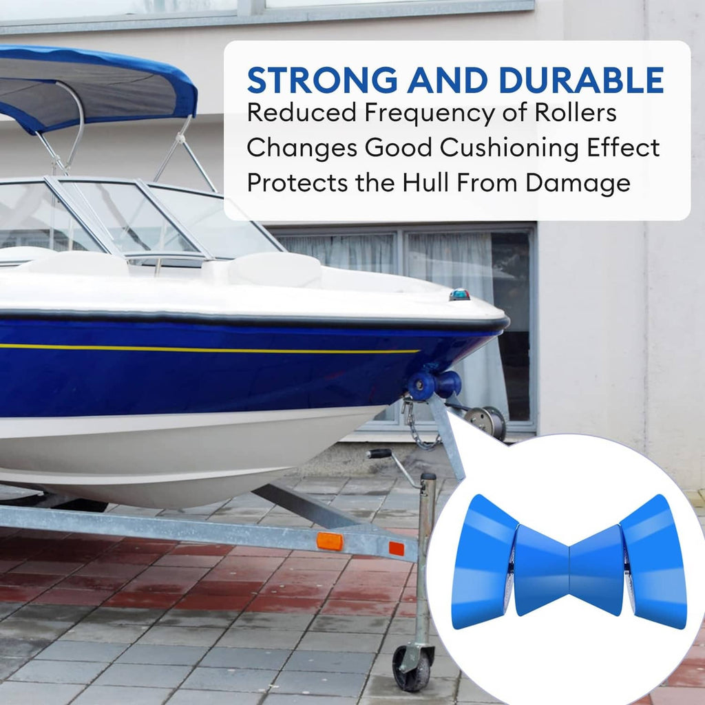 Blue boat trailer bow stop roller mounted under the trailer near the boat hull