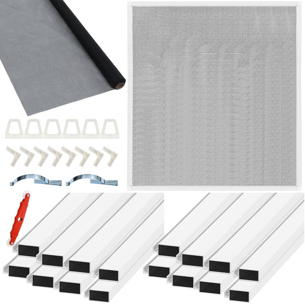 Aluminum window screen kit with gray mesh roll and white frame corner pieces